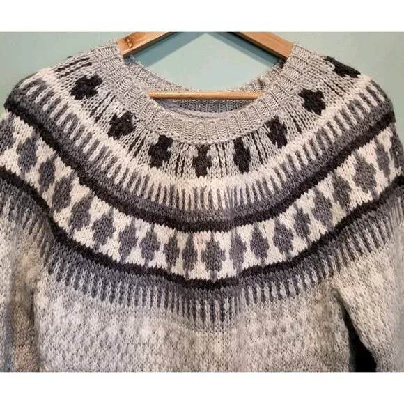 Lucky Brand Chunky Gray Fair Isle Wool Blend Sweater Sz M - Picture 2 of 7